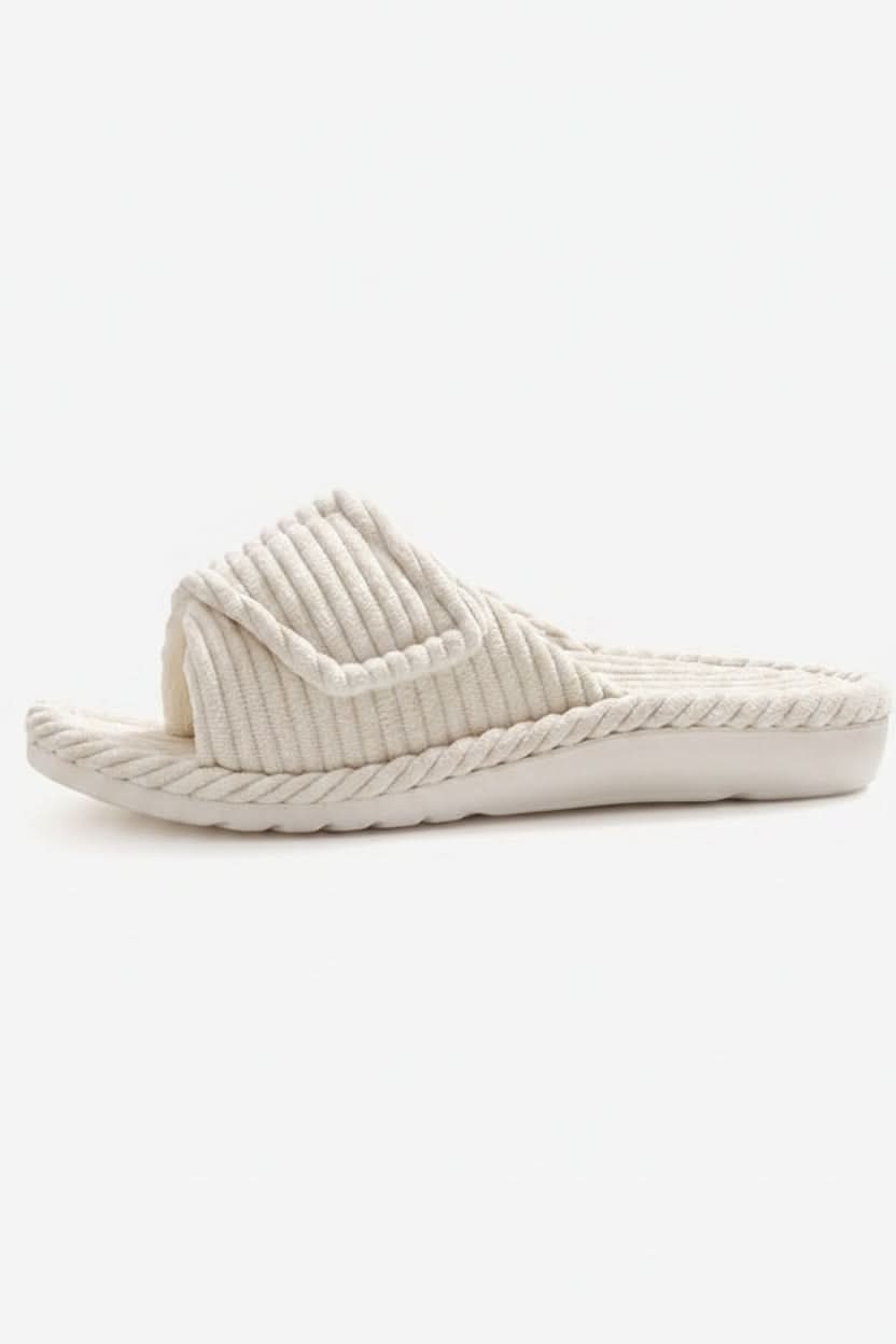 Women's open toe slippers with adjustable strap for a custom, comfortable fit; perfect house shoes.