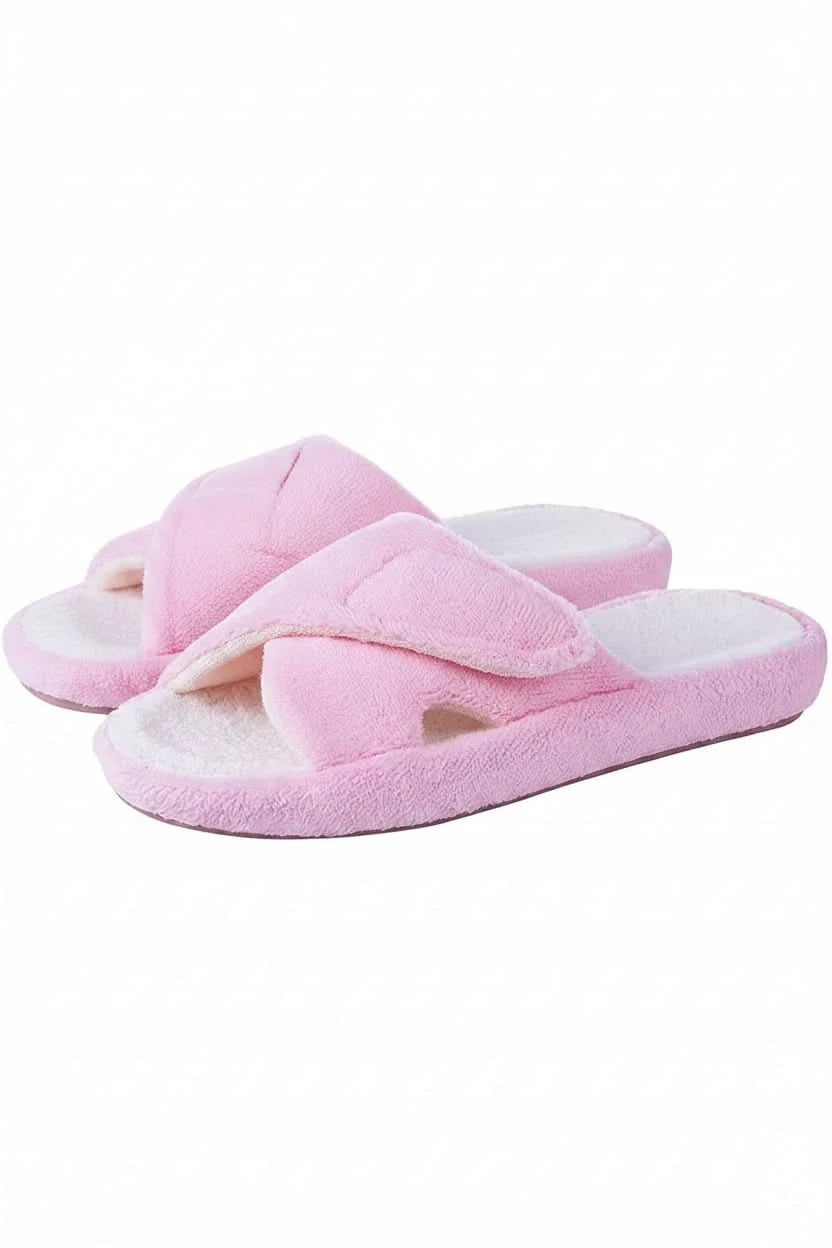 Side view of women's adjustable open toe comfort slippers, showing lightweight design and soft sole.