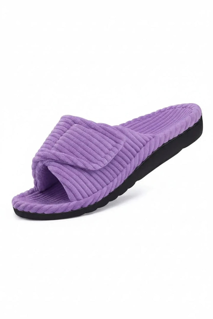 Top view of women's open toe house slippers, highlighting the adjustable strap and breathable material.