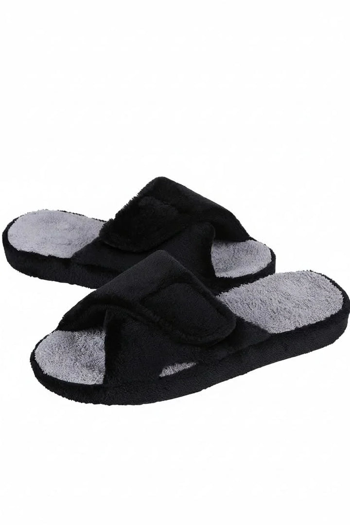 Close-up of adjustable strap on women's open toe comfort slippers, showing soft, breathable fabric.