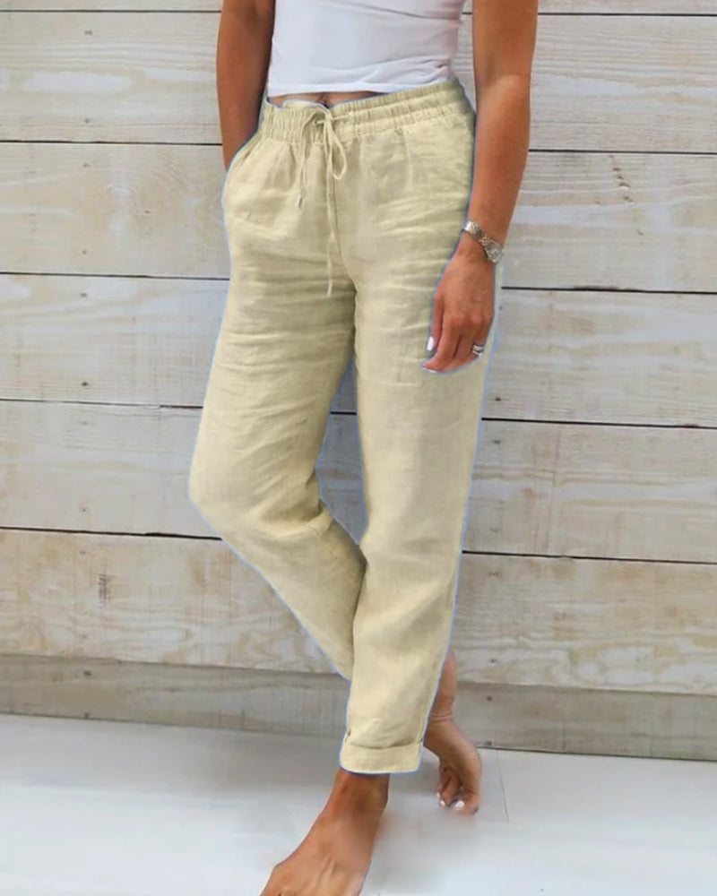 Relaxed fit women's summer trousers, breathable fabric & comfy elastic waist. Great for vacation style.
