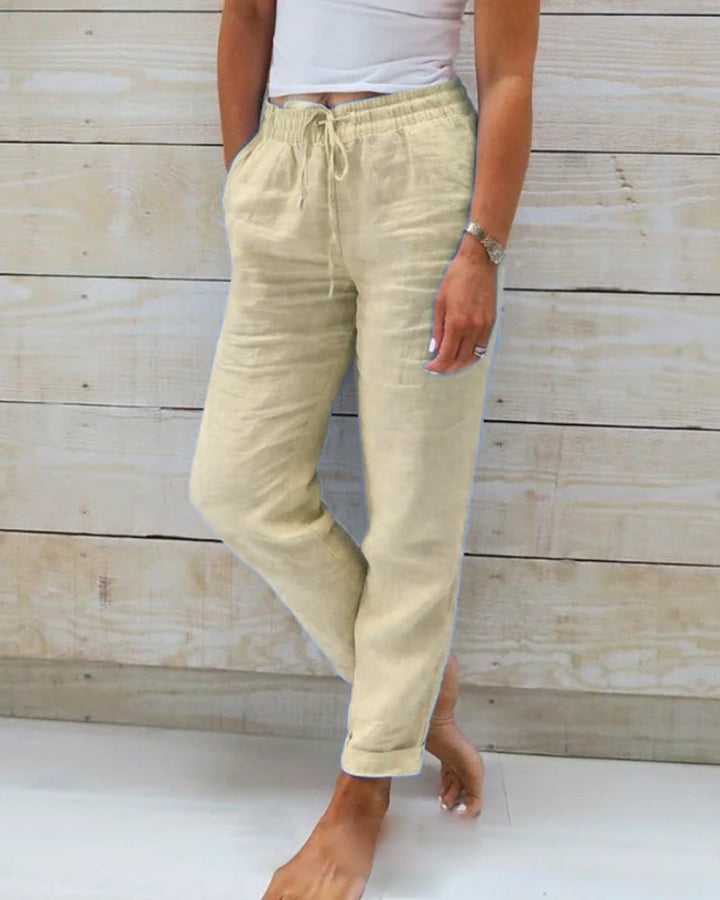 Relaxed fit women's summer trousers, breathable fabric & comfy elastic waist. Great for vacation style.
