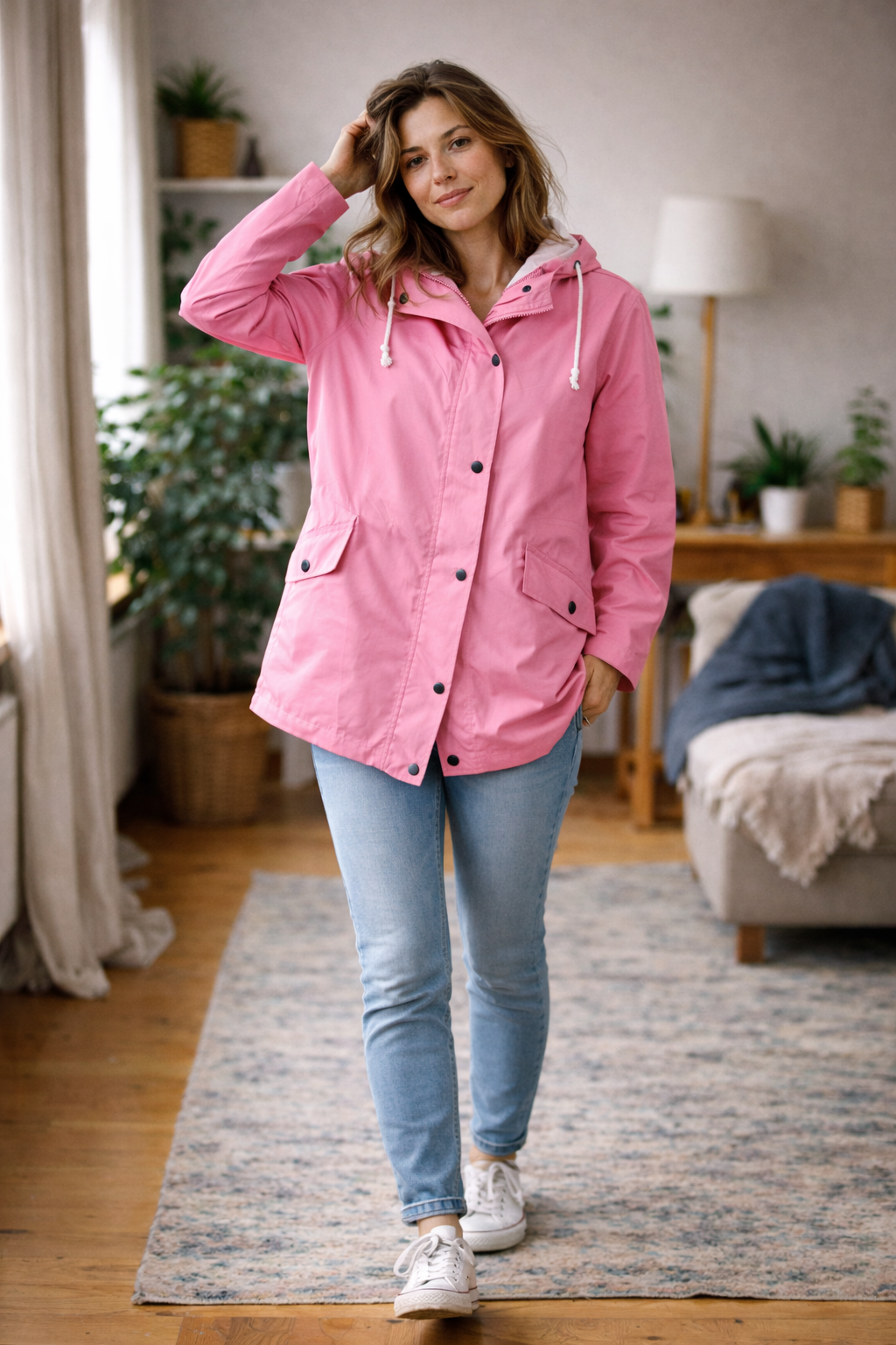 Women's All-Weather Hooded Transitional Jacket. Lightweight outerwear, perfect for spring & fall fashion.