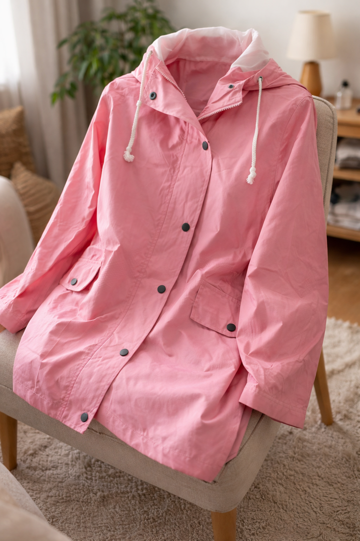 Lightweight women's hooded all-weather windbreaker, ideal for transitional seasons & casual wear.