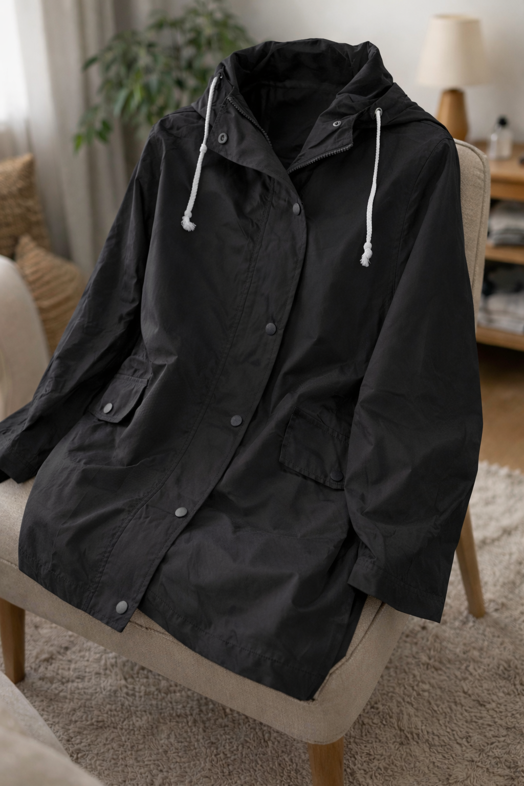 Women's rain jacket & windbreaker, all-weather hooded outerwear for spring/fall fashion.