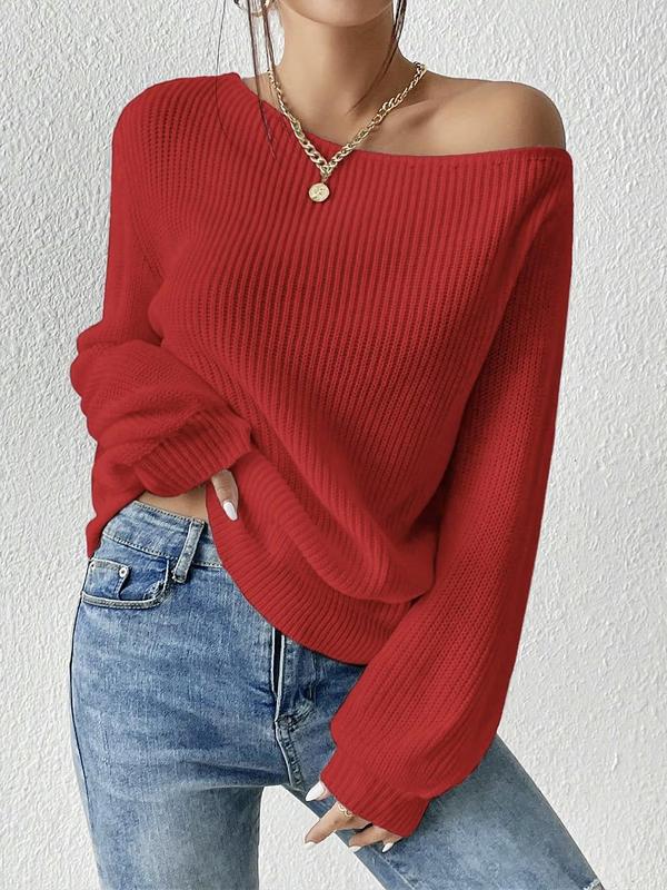 Women's long sleeve off-shoulder knit top, ribbed texture, elegant and versatile for casual chic fashion.