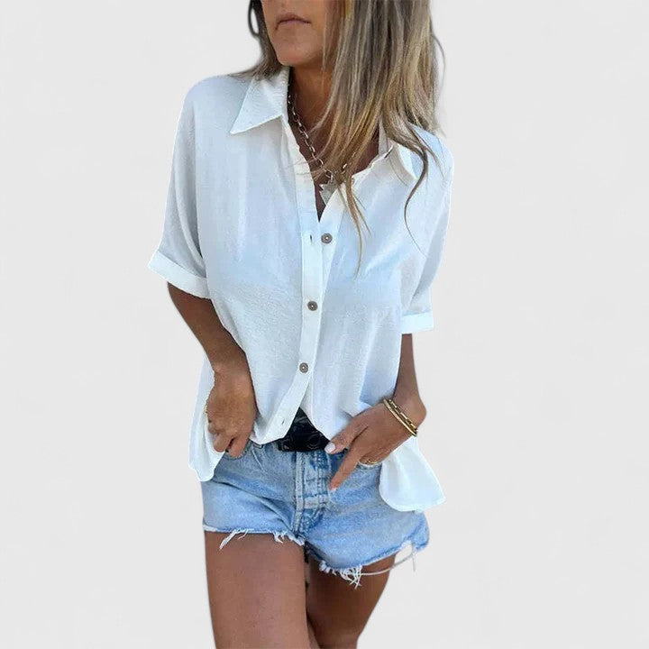 Sophisticated Women's Amber Blouse with long sleeves and button-up front, perfect for an elegant, chic business casual look.