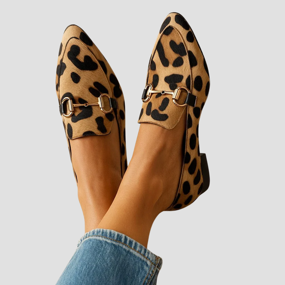 Women's animal-texture orthopedic loafers with gold-tone bit, offering elegant style & comfortable slip-on support.