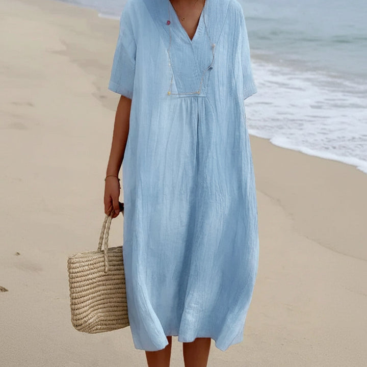 Women's Aria A-line summer midi dress. Comfortable and stylish V-neck flowy dress, perfect for casual wear.