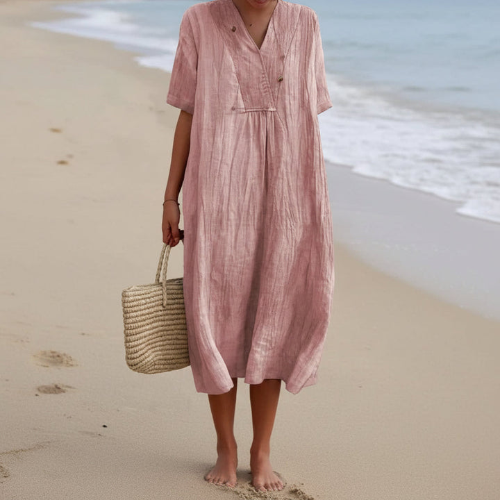 Aria V-neck A-line flowy summer dress for women. Midi length, perfect for casual fashion & beachwear comfort.