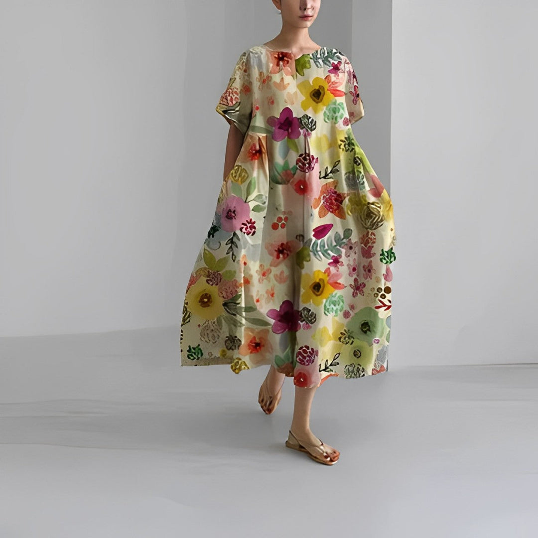 Women's artistic print midi dress, relaxed fit, short sleeve. A comfortable, casual, and stylish summer wardrobe essential.