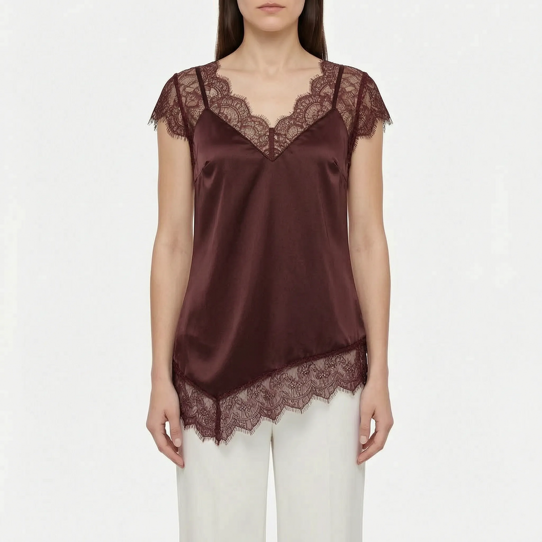 Beige asymmetrical women's top, elegant & sleeveless with subtle sheer details. Versatile summer blouse.