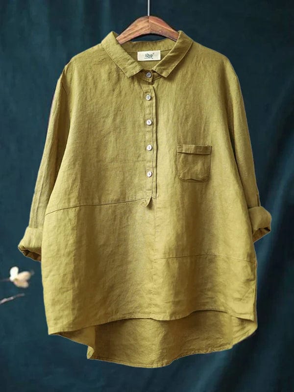 Women's asymmetrical hem button up blouse, long sleeve, for effortless casual style.