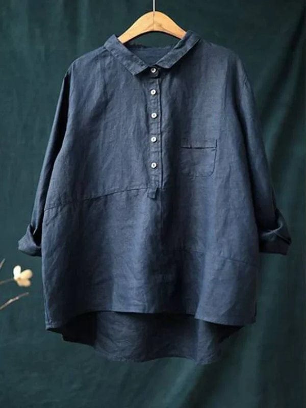 Relaxed fit long sleeve casual shirt for women, featuring a stylish asymmetrical hem.