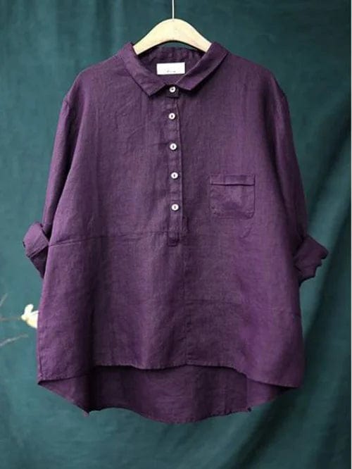 Effortless casual women's blouse, long sleeve & button-up, with a unique asymmetrical cut.