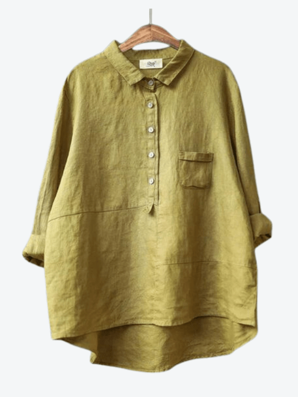 Stylish women's asymmetrical button up top, a versatile long sleeve shirt for any occasion.