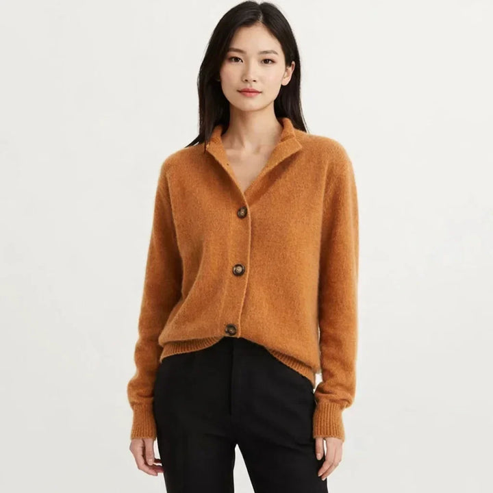 Women's asymmetrical knit cardigan with button placket & high neck. Perfect for fall fashion.
