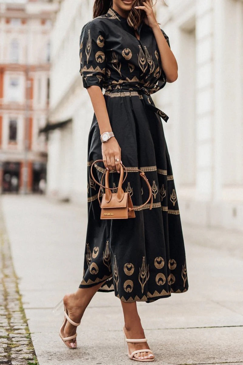 Women's Aztec print midi dress with belted waist & button-down front. Flared silhouette, perfect for casual wear.