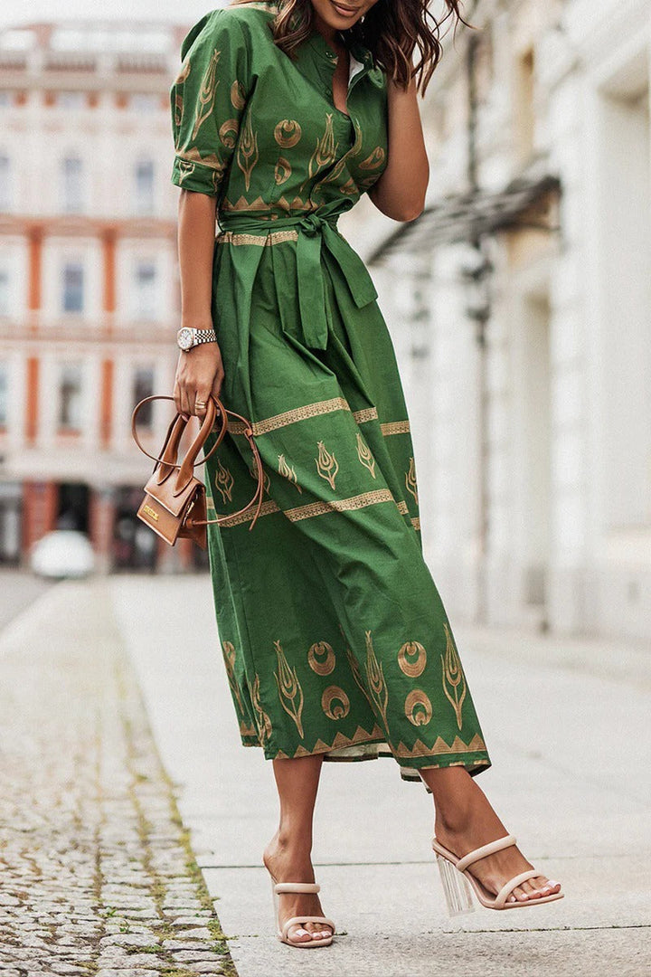 Casual women's Aztec print midi dress, ideal for day to night wear. Belted, button-down & flared for comfort & style.