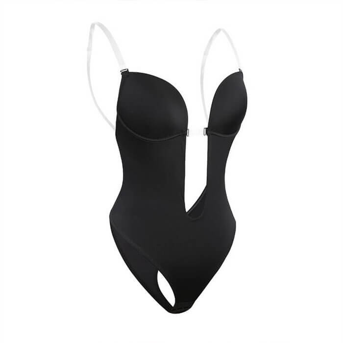 Women's seamless backless body shaper, an invisible undergarment for sculpting & support with low-back formal wear.
