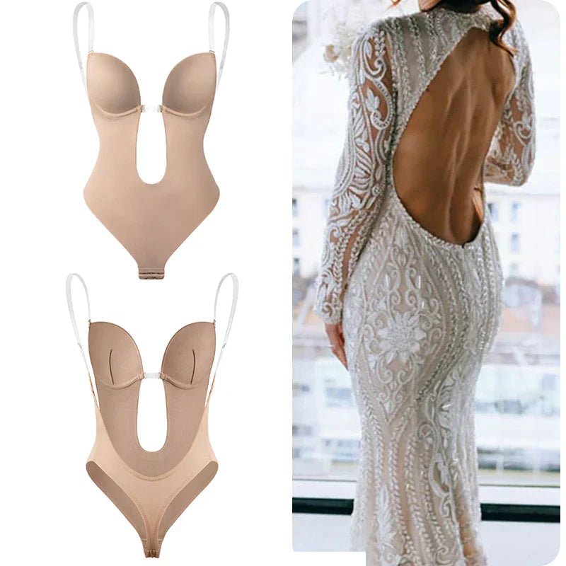 Women's slimming backless body shaper, providing smooth foundation for deep plunge dresses. Boosts confidence.