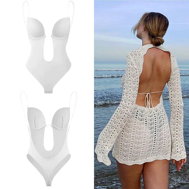 Seamless backless body shaper for women, designed for deep plunge necklines. Invisible under any outfit.