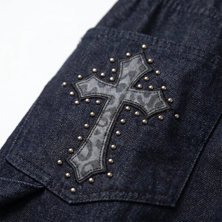 Statement women's wide-leg pants with eye-catching studded cross details, showcasing a grunge streetwear vibe.