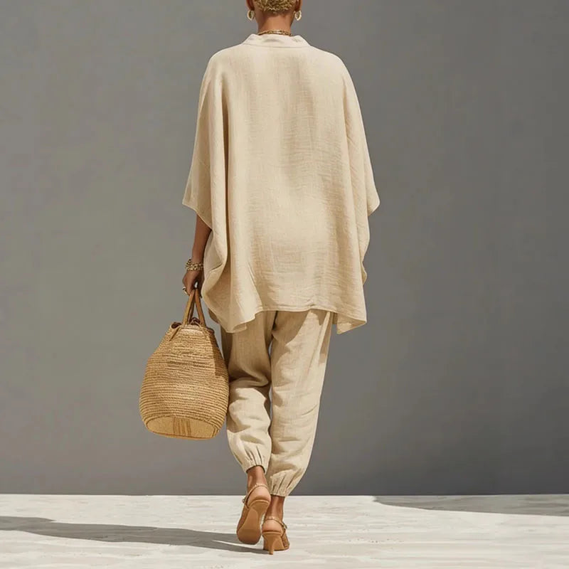 Stylish apricot women's batwing sleeve two-piece pants set, a comfortable & elegant spring/summer outfit.