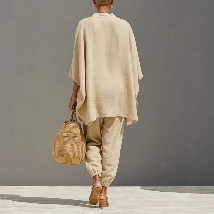 Stylish apricot women's batwing sleeve two-piece pants set, a comfortable & elegant spring/summer outfit.