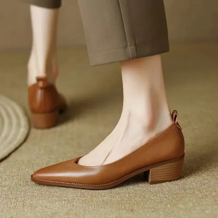Elegant women's court shoes with pointed toe & block heel, perfect chic footwear for any occasion.