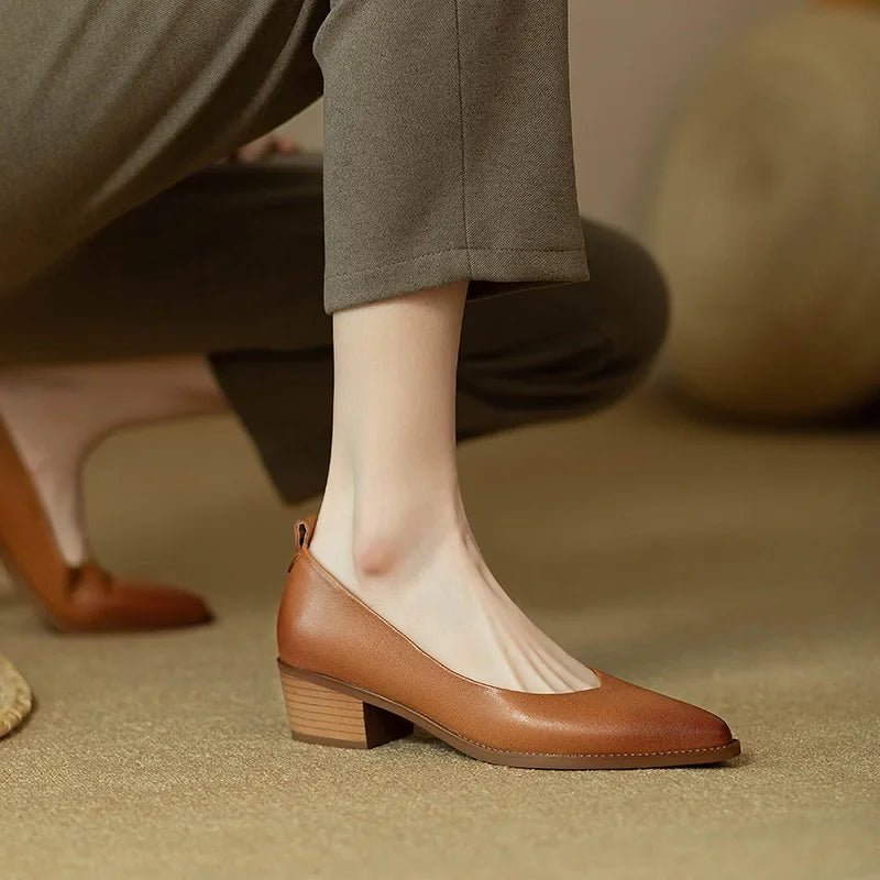Sophisticated brown pointed toe block heel slip-on court shoes for women, versatile and chic footwear.