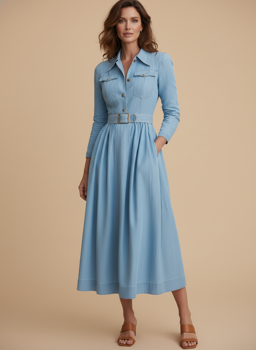 Women's belted long sleeve fit & flare shirt midi dress, ideal for smart casual and elegant day-to-night wear.