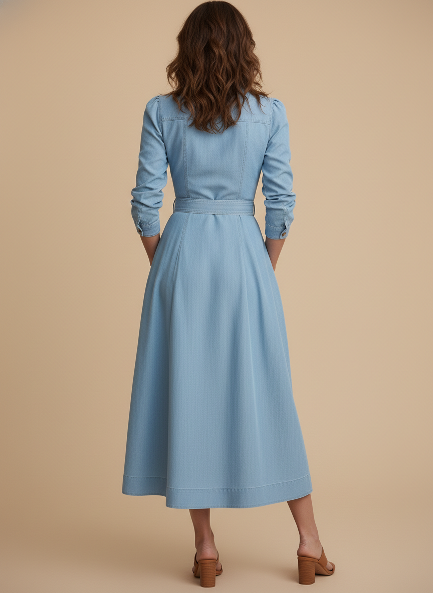 Versatile A-line women's belted long sleeve midi shirt dress, perfect for a chic smart casual elegant outfit.