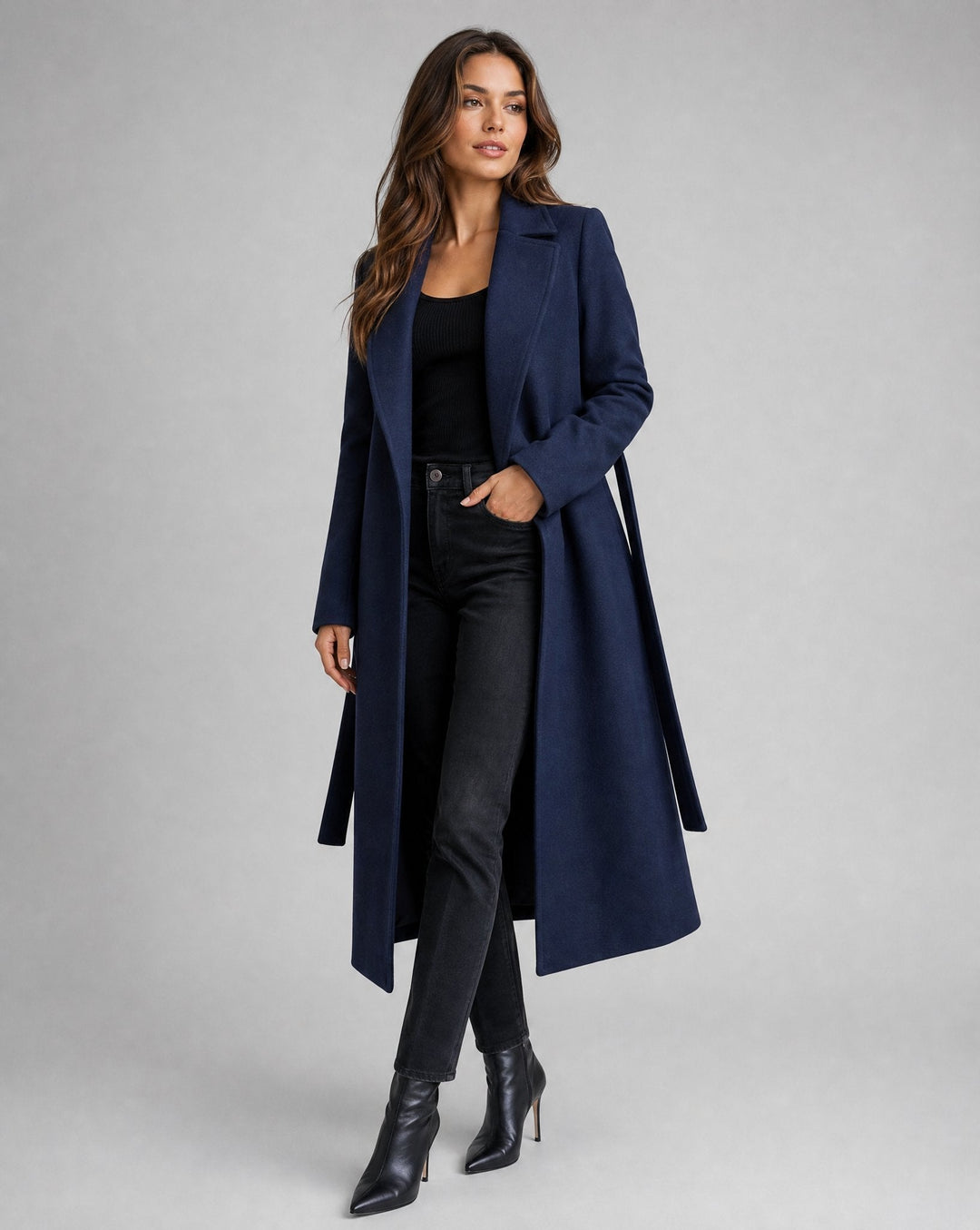 Women's belted trench coat, structured fit for office and evening wear. Classic, elegant long jacket.
