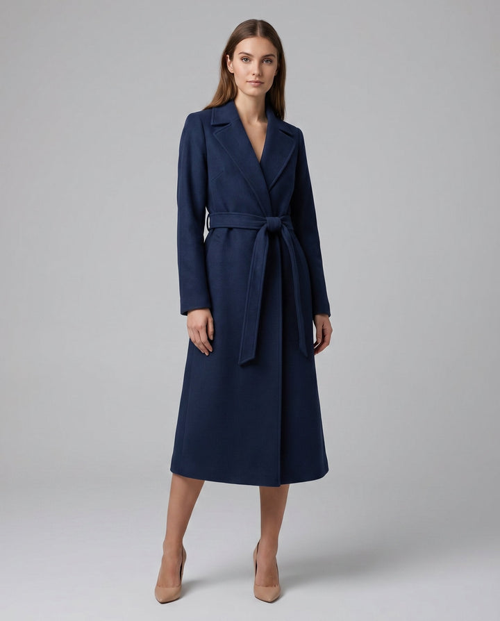 Structured fit women's long trench coat with belt, ideal for professional office style & elegant evening outerwear.