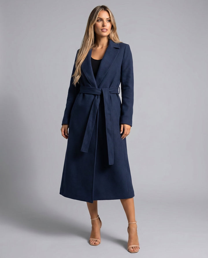 Classic women's belted trench coat, structured and elegant. A sophisticated long jacket for fall & winter fashion.