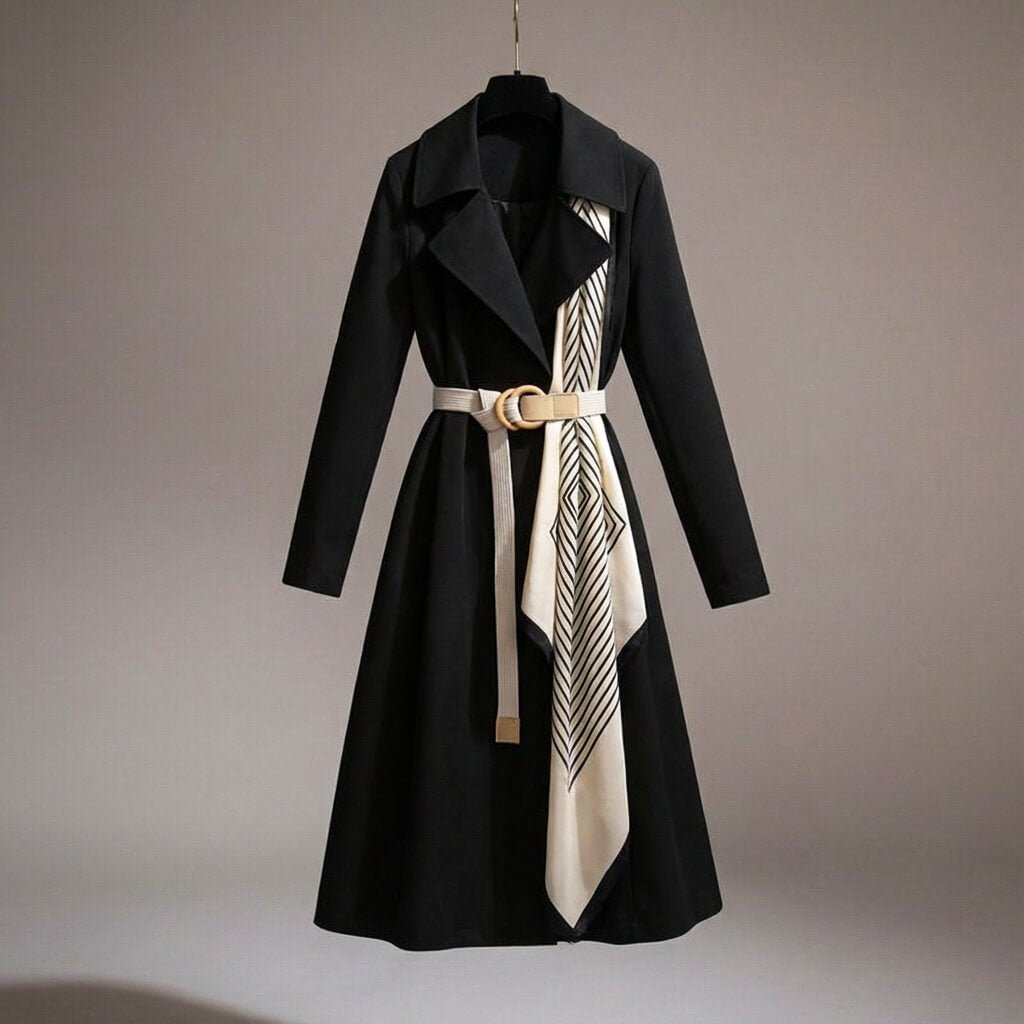 Women's belted trench coat with elegant scarf detail, lightweight for versatile fashion.