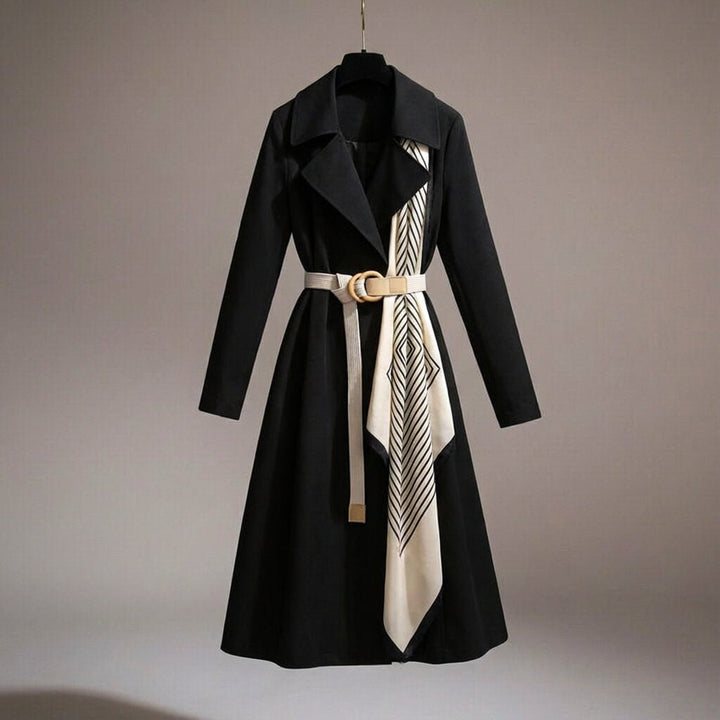 Women's belted trench coat with elegant scarf detail, lightweight for versatile fashion.