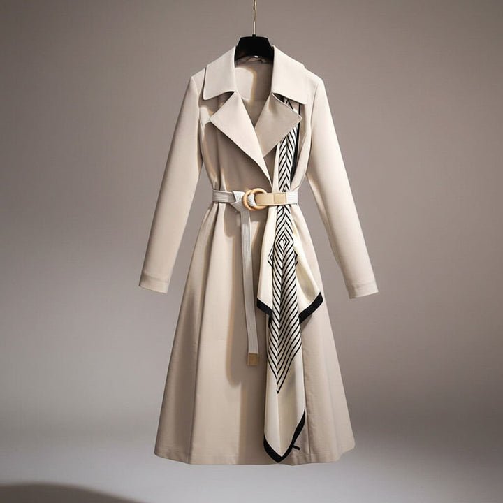 Casual women's trench coat, lightweight with stylish scarf, perfect for autumn elegance.
