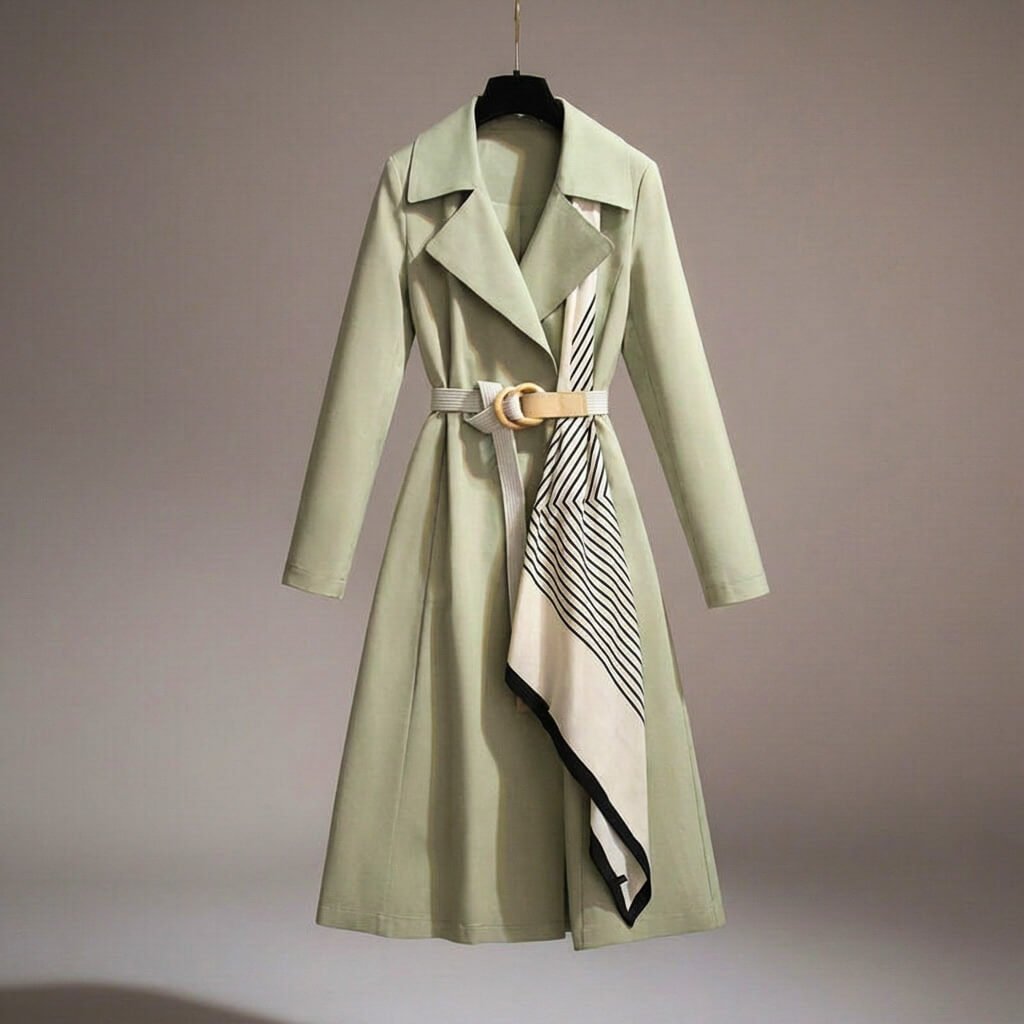Women's lightweight belted coat, featuring a chic scarf detail, ideal for formal or casual wear.