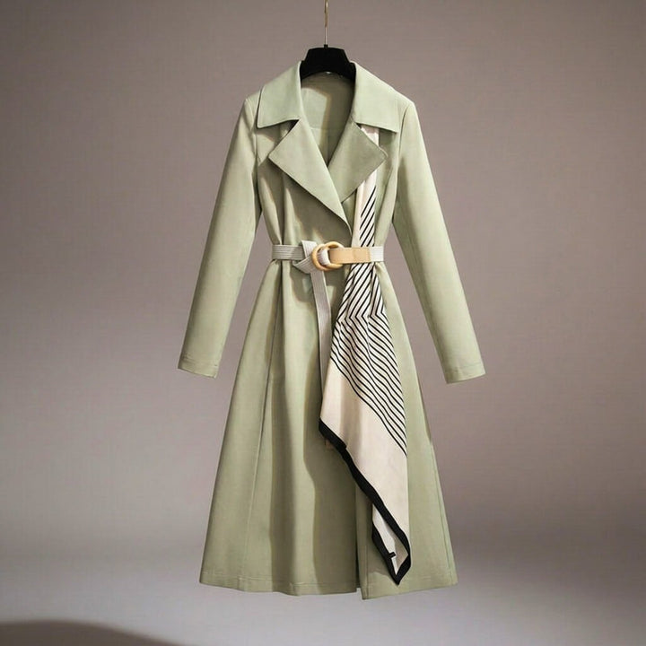 Women's lightweight belted coat, featuring a chic scarf detail, ideal for formal or casual wear.