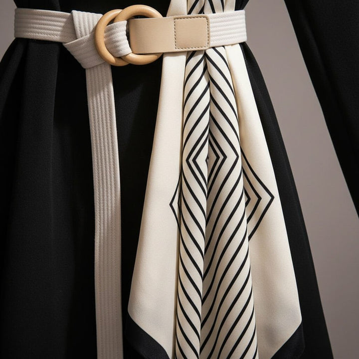 Elegant scarf detail on women's belted trench coat, a lightweight jacket perfect for autumn.