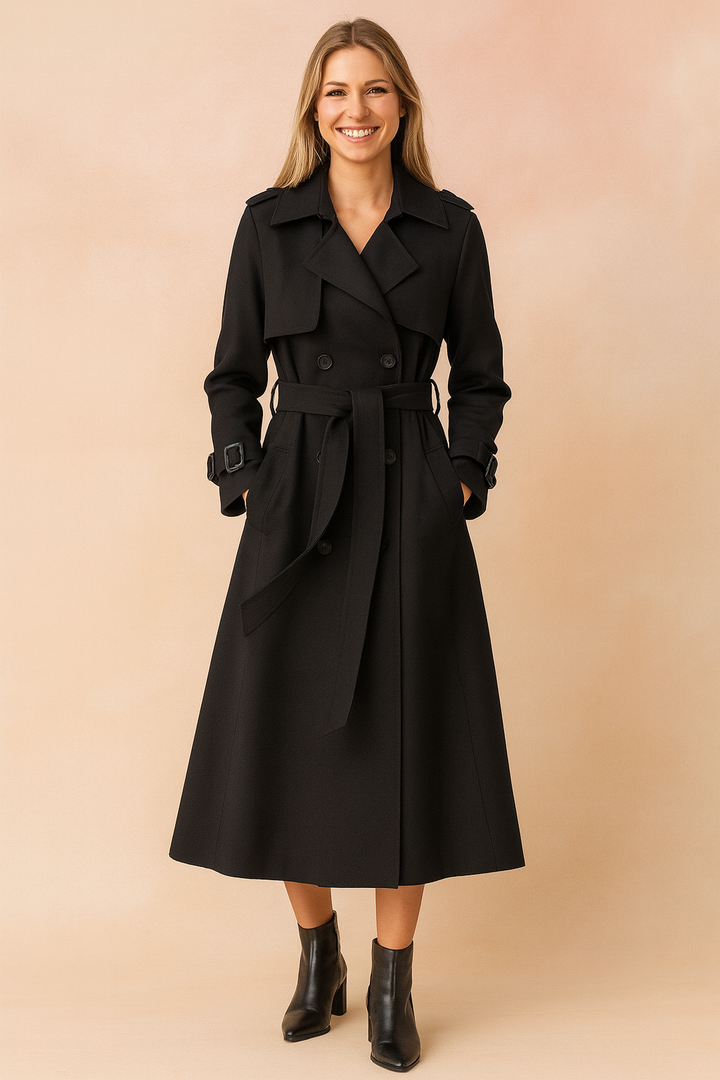 Women's belted trench coat with wide lapel, perfect for elegant workwear or chic casual fall fashion.