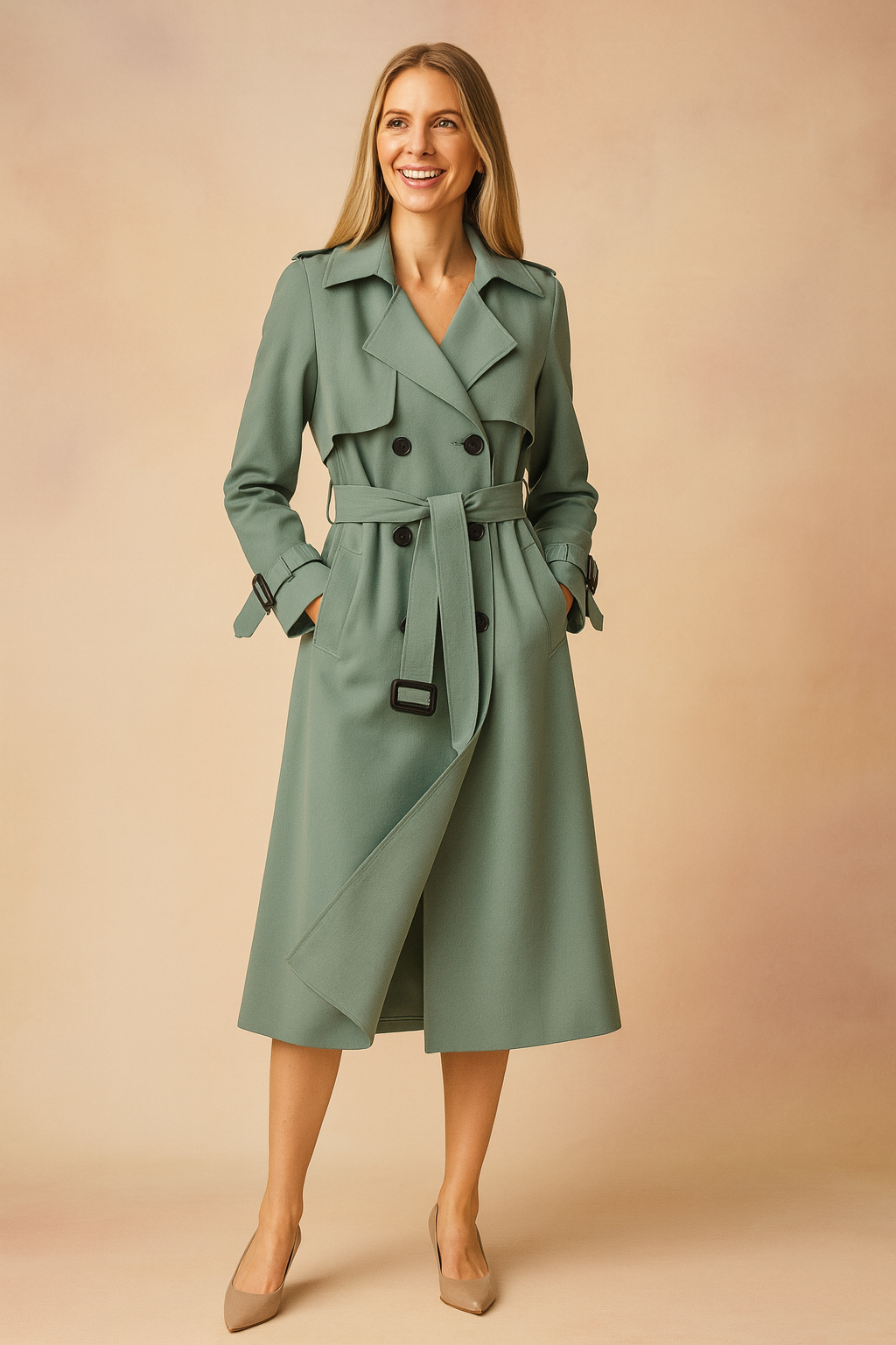 Professional women's trench coat, a stylish workwear essential with a wide lapel and belted silhouette.