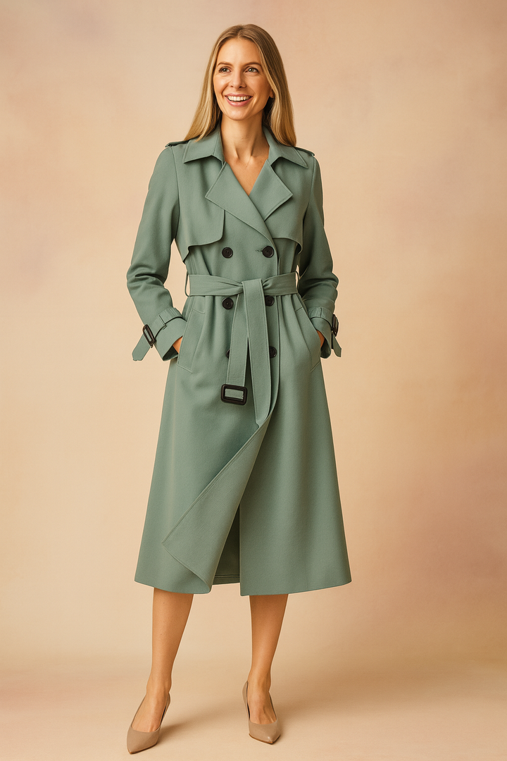 Professional women's trench coat, a stylish workwear essential with a wide lapel and belted silhouette.