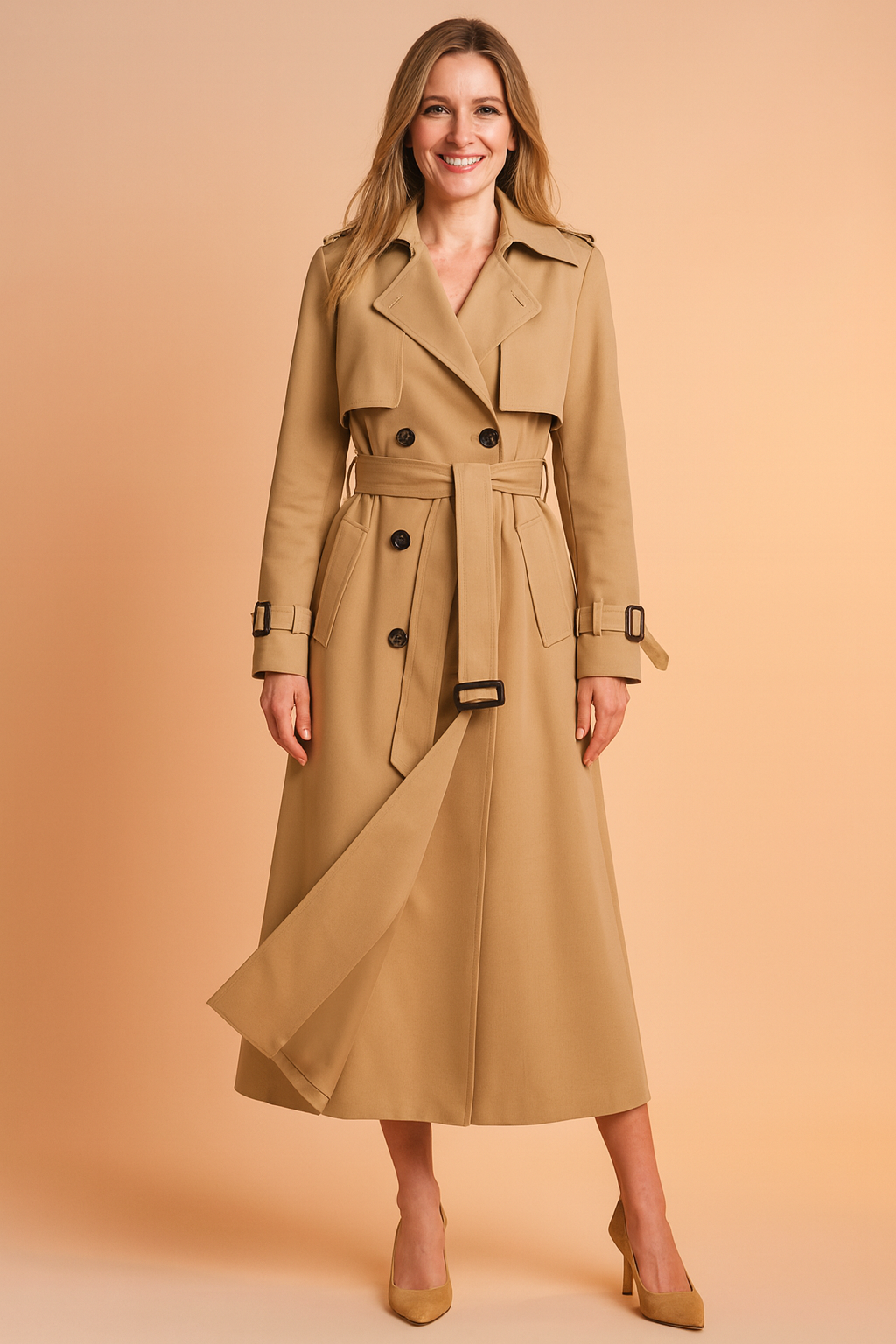 Versatile women's belted trench coat for casual outerwear, featuring a wide lapel and timeless design.