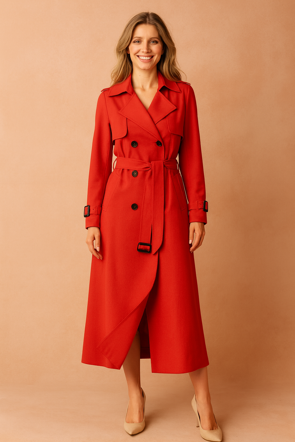 Elegant women's fall trench coat with a classic design, wide lapel, and adjustable belt, chic and stylish.