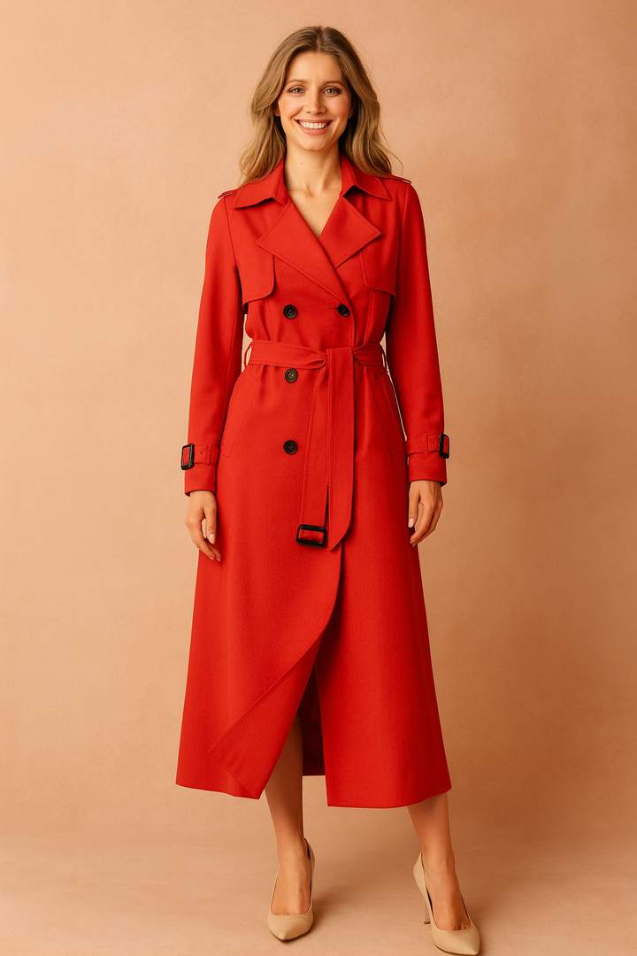 Elegant women's fall trench coat with a classic design, wide lapel, and adjustable belt, chic and stylish.