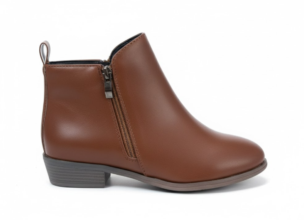 Chunky block heel on women's black ankle boots, offering comfortable support for everyday wear & work.