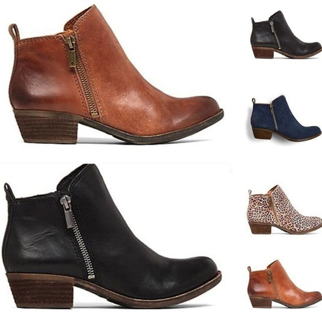 Comfortable women's ankle boots featuring a stable block heel, rounded toe, & practical side zip for daily style.